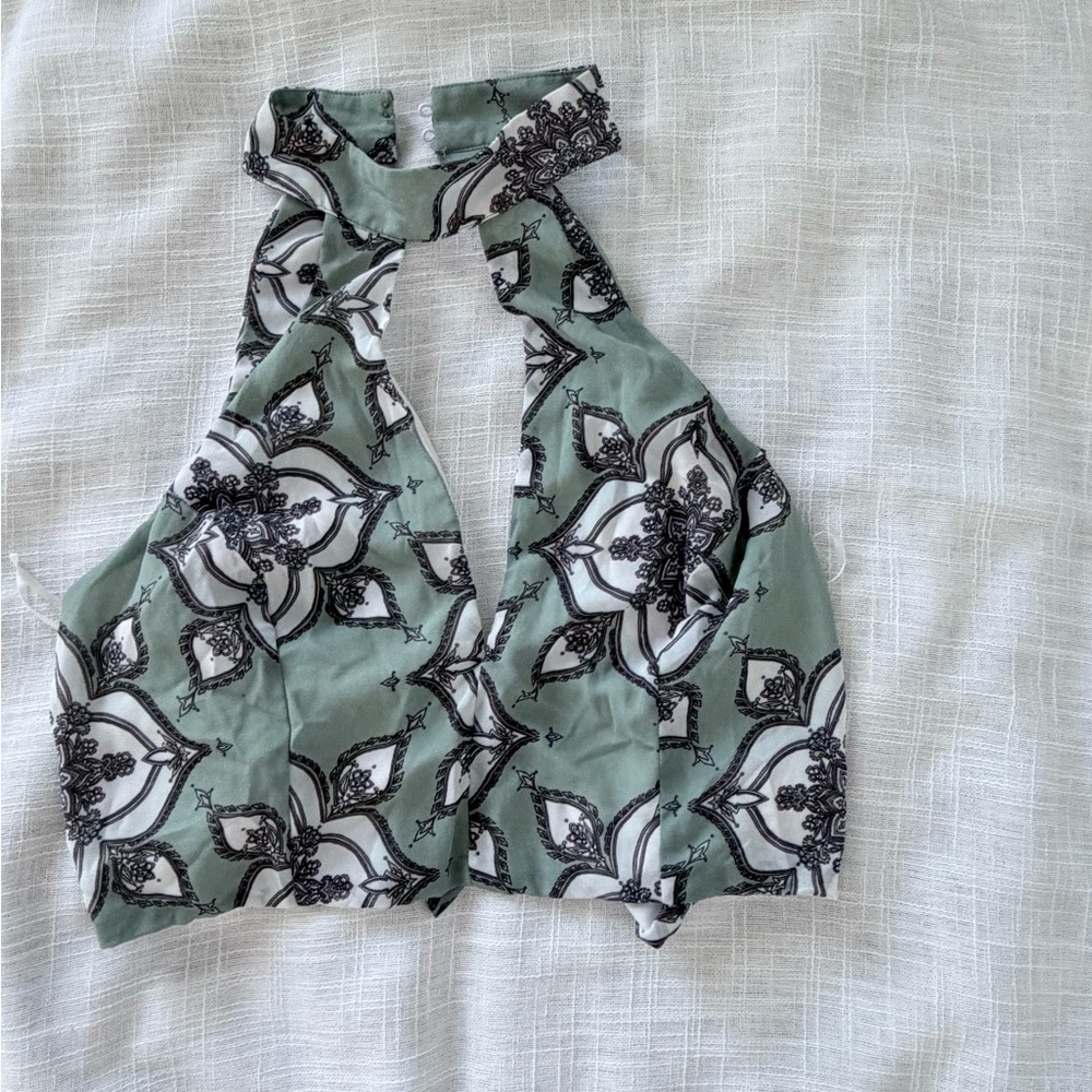 Women's Sage Green Halter Crop Top with Floral Medallion Print